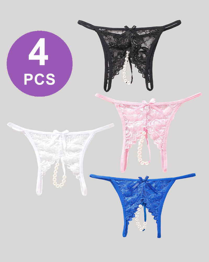 Lace Pearl G-String Low Rise T-Back Thongs Panty Set