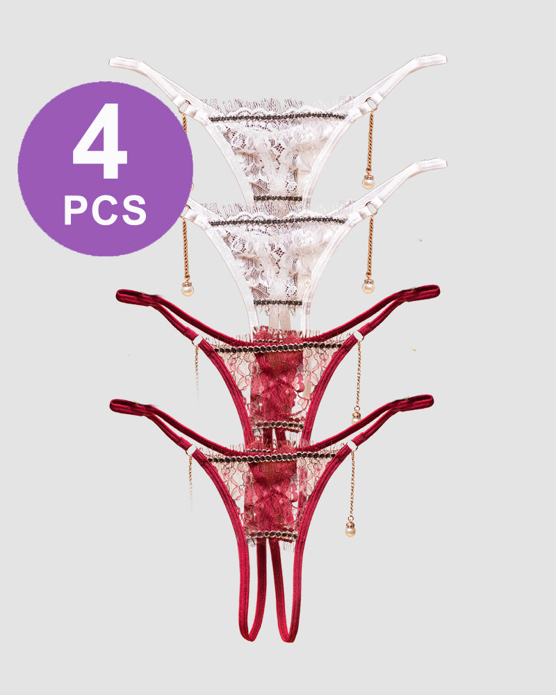 Crotchless Pearl Pendant Thong Panty Set