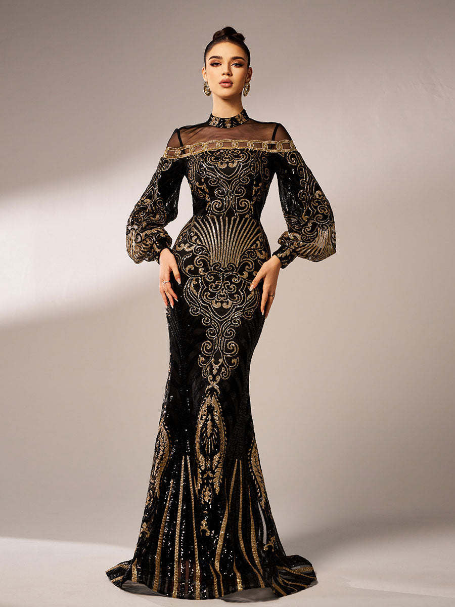 Luxe Embroidered Ballon Sleeve Evening Dress