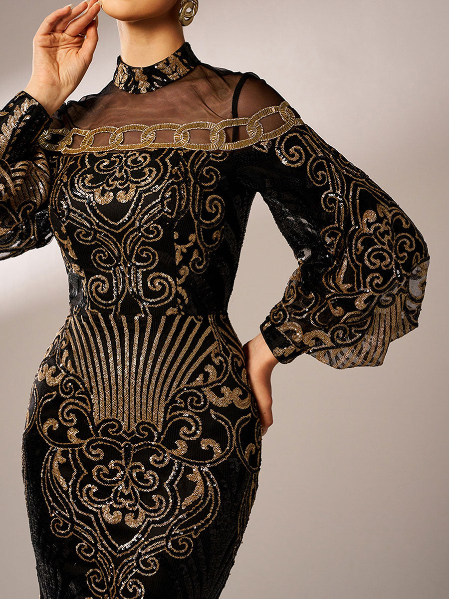 Luxe Embroidered Ballon Sleeve Evening Dress