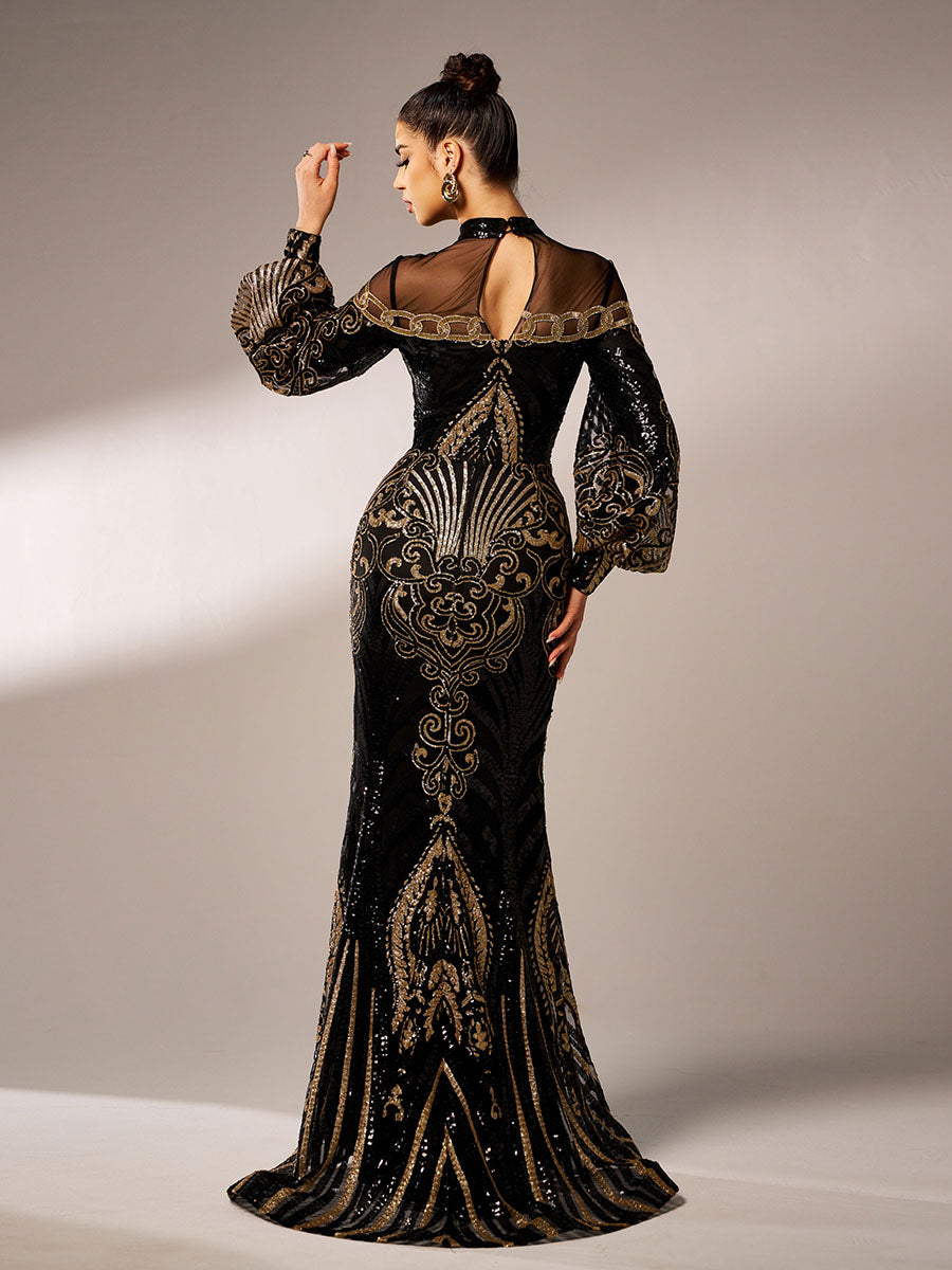 Luxe Embroidered Ballon Sleeve Evening Dress
