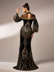 Luxe Embroidered Ballon Sleeve Evening Dress