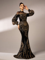 Luxe Embroidered Ballon Sleeve Evening Dress