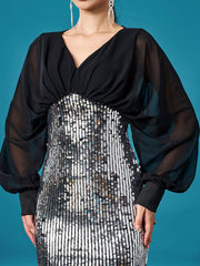 V-neck Panel Sequin Sheath Cocktail Dress