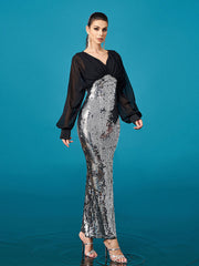 V-neck Panel Sequin Sheath Cocktail Dress