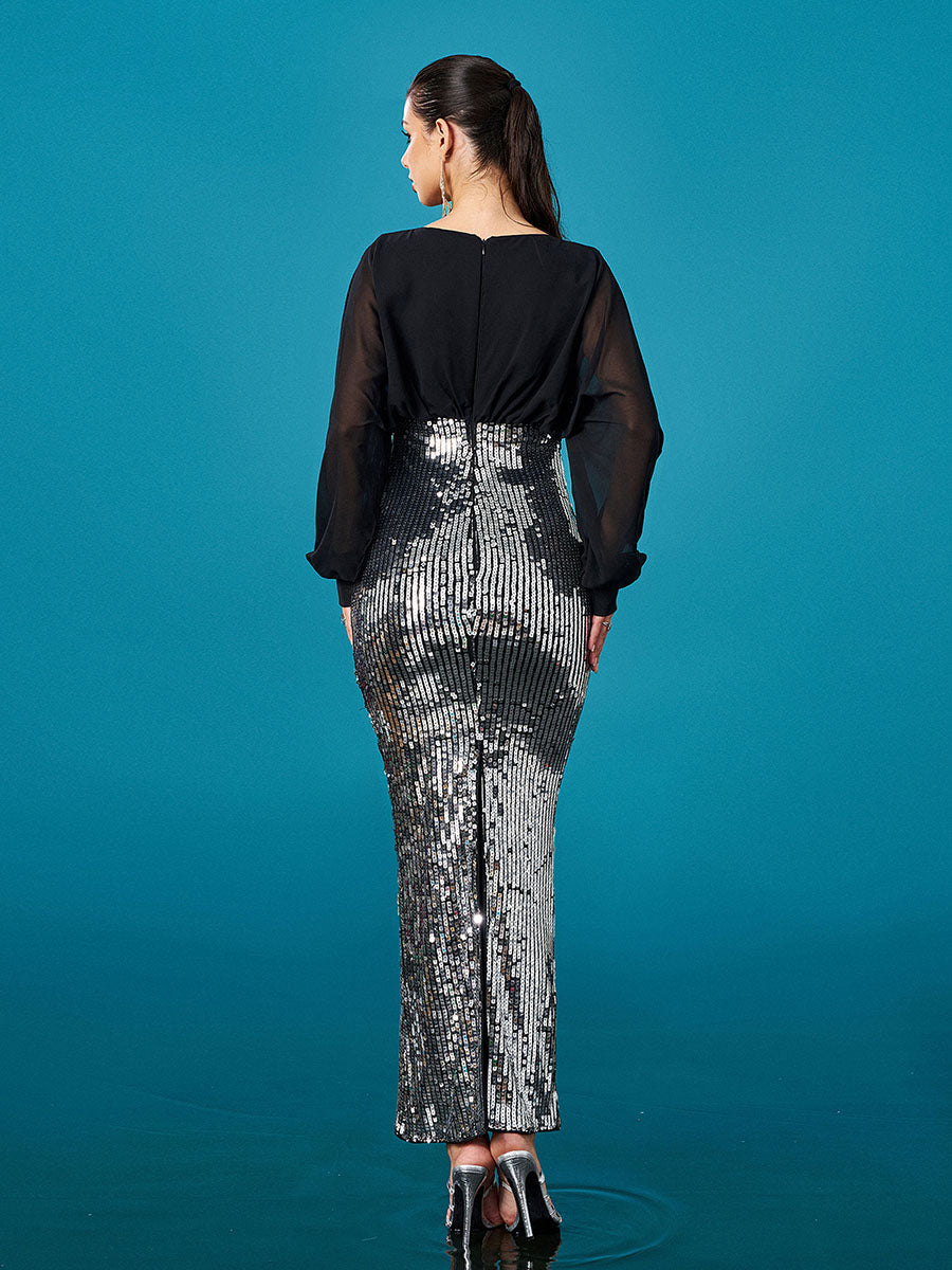 V-neck Panel Sequin Sheath Cocktail Dress
