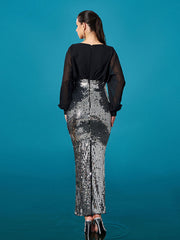V-neck Panel Sequin Sheath Cocktail Dress