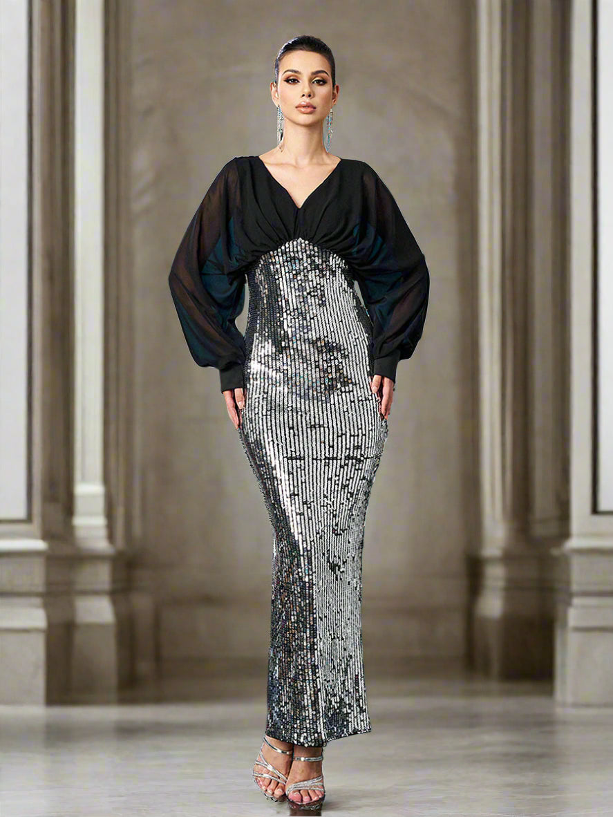 V-neck Panel Sequin Sheath Cocktail Dress