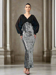 V-neck Panel Sequin Sheath Cocktail Dress