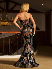 Strapless Floral Sequin Mermaid Evening Dress