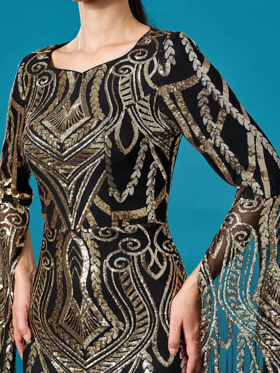 Luxury Geometric Sequin Long Sleeve Formal Dress