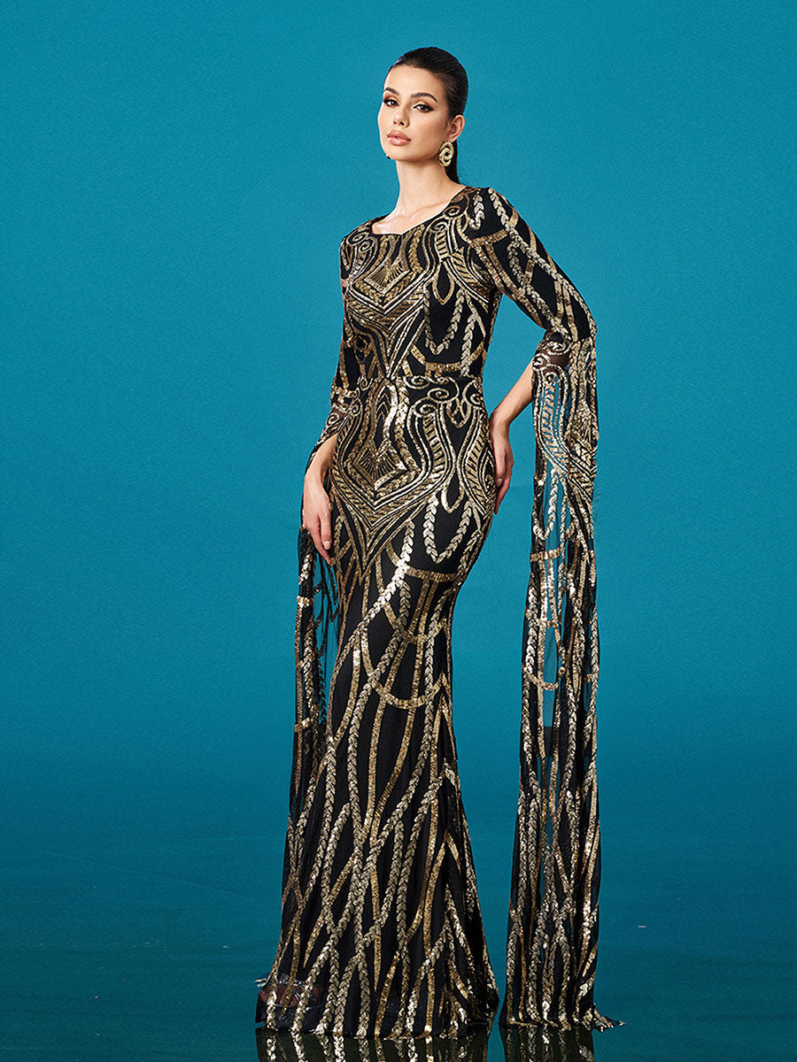 Luxury Geometric Sequin Long Sleeve Formal Dress