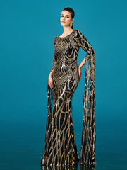 Luxury Geometric Sequin Long Sleeve Formal Dress
