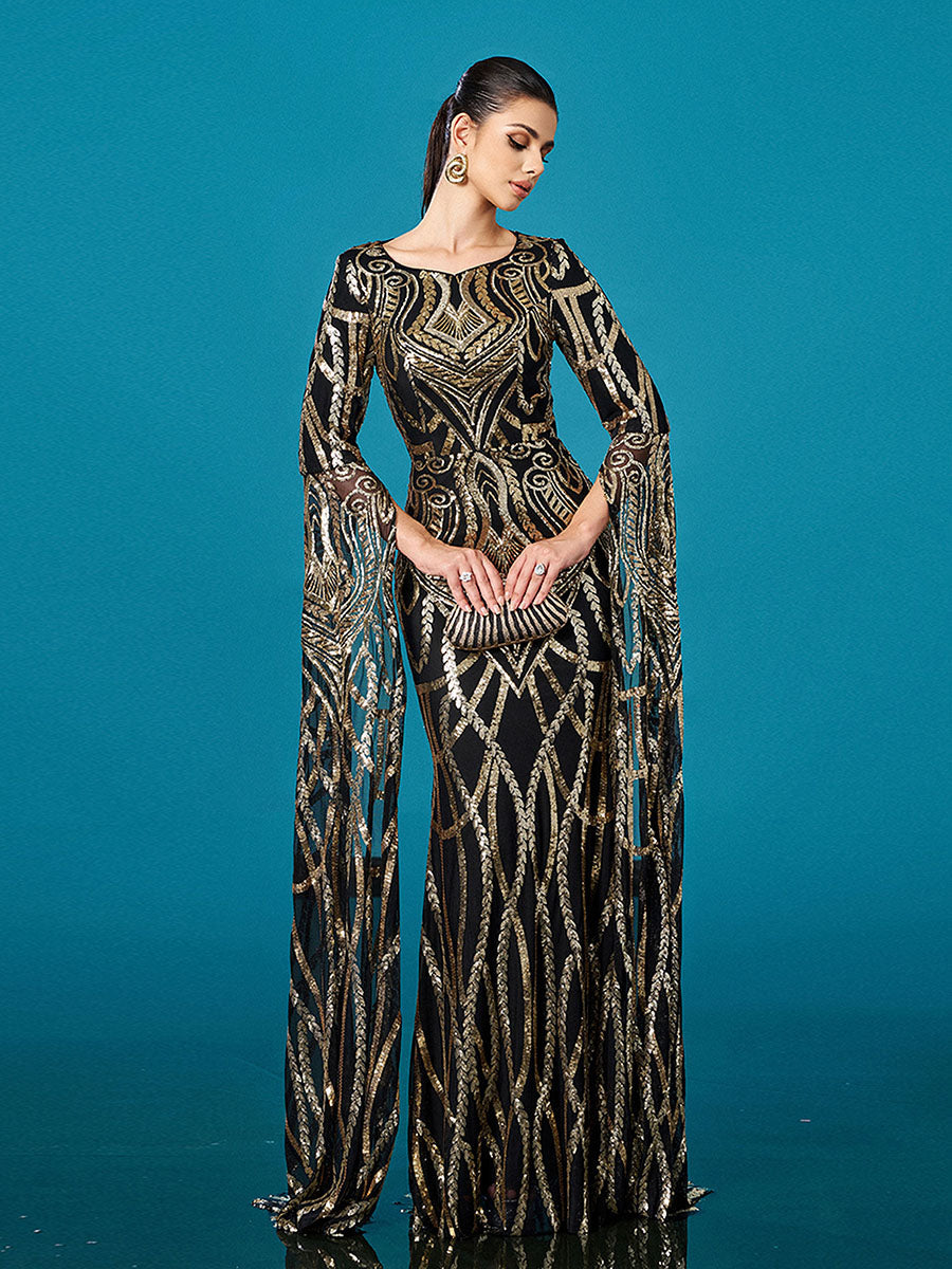 Luxury Geometric Sequin Long Sleeve Formal Dress
