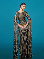 Luxury Geometric Sequin Long Sleeve Formal Dress