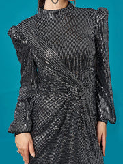 Long Sleeve Folds Solid Sequin Formal Dress