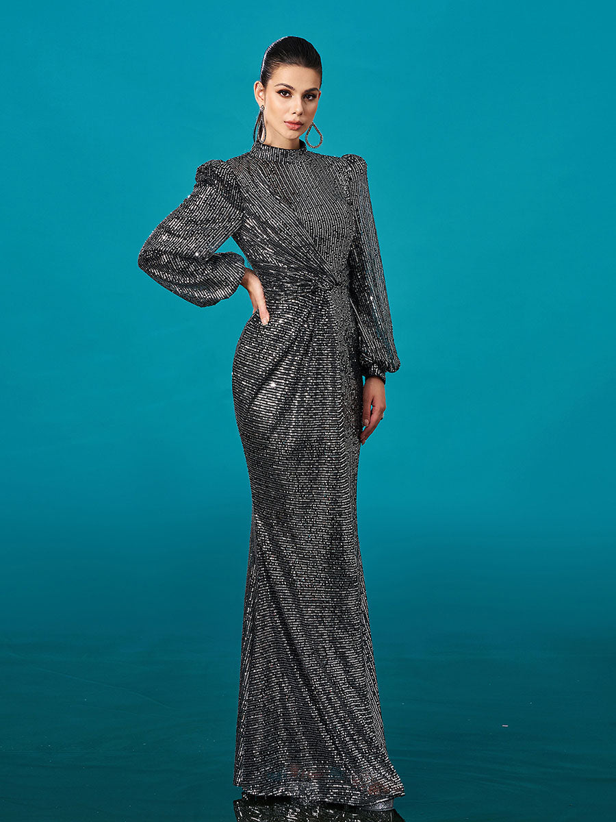 Long Sleeve Folds Solid Sequin Formal Dress