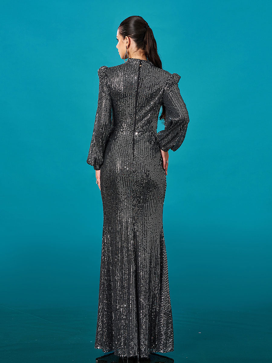 Long Sleeve Folds Solid Sequin Formal Dress