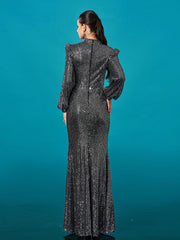 Long Sleeve Folds Solid Sequin Formal Dress
