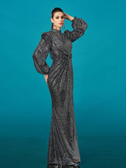 Long Sleeve Folds Solid Sequin Formal Dress