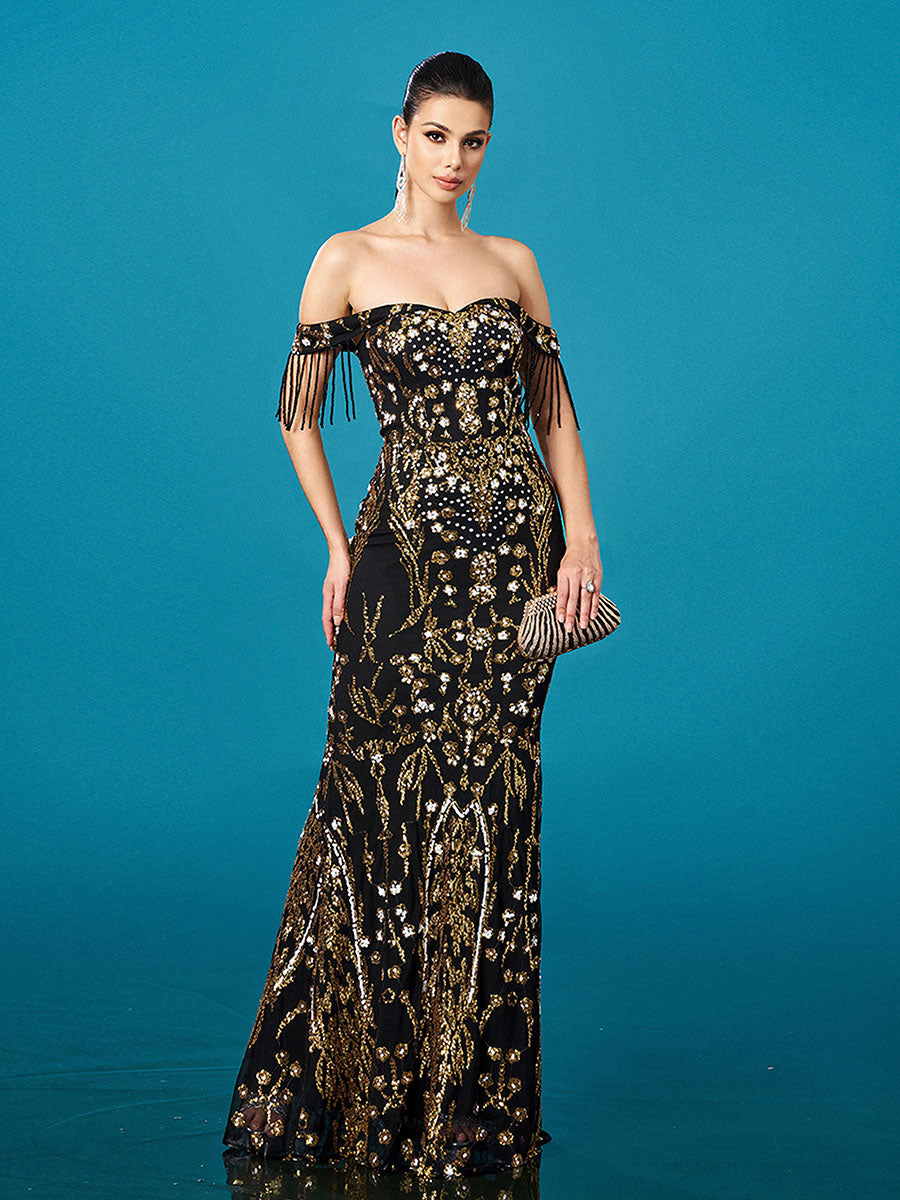 Off Shoulder Fringed Floral Sequin Prom Dress
