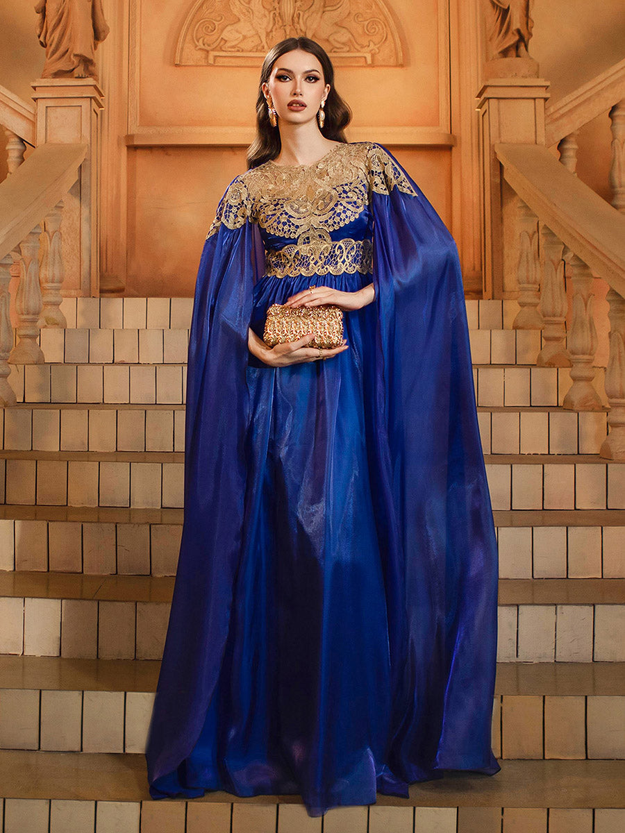 Blue Cape Sleeve Muslim Embroidered Dress