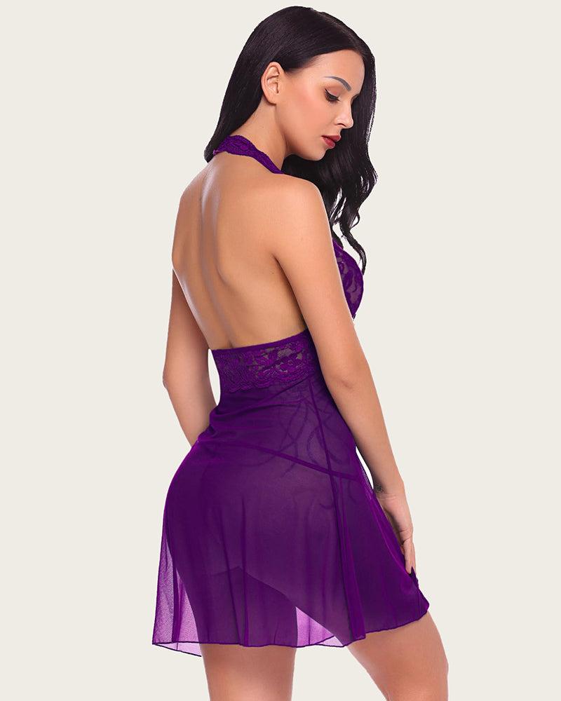 Halter Lace FPrint Babydoll Mesh Nightgown