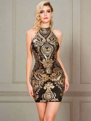 Halterneck Damask Sequin Bodycon Mini Dress