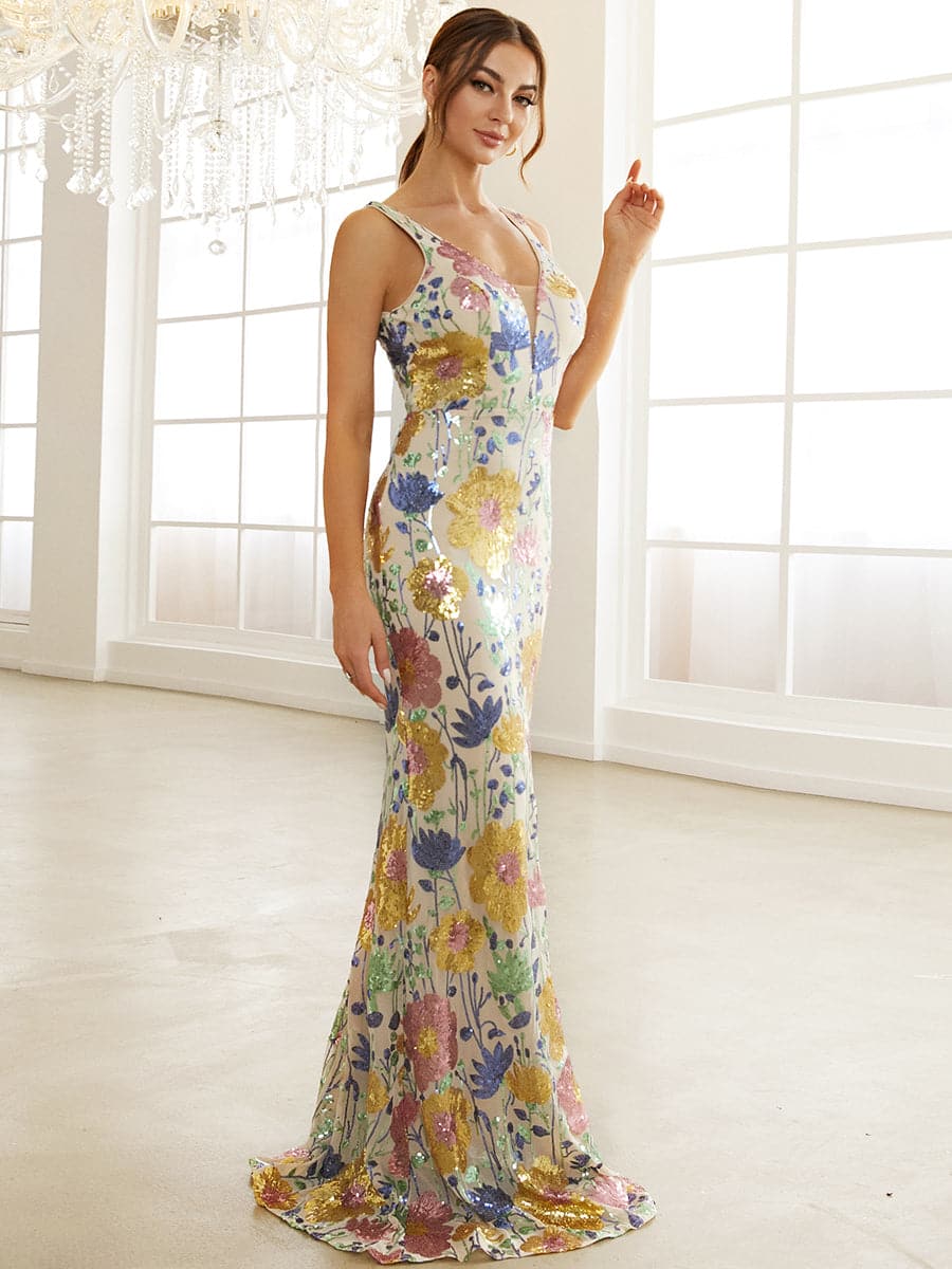 Formal V Neck Sequin Floral Maxi Dress