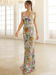 Formal V Neck Sequin Floral Maxi Dress
