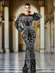 Ballon Sleeve Floral Sequin Mermaid Formal Dress
