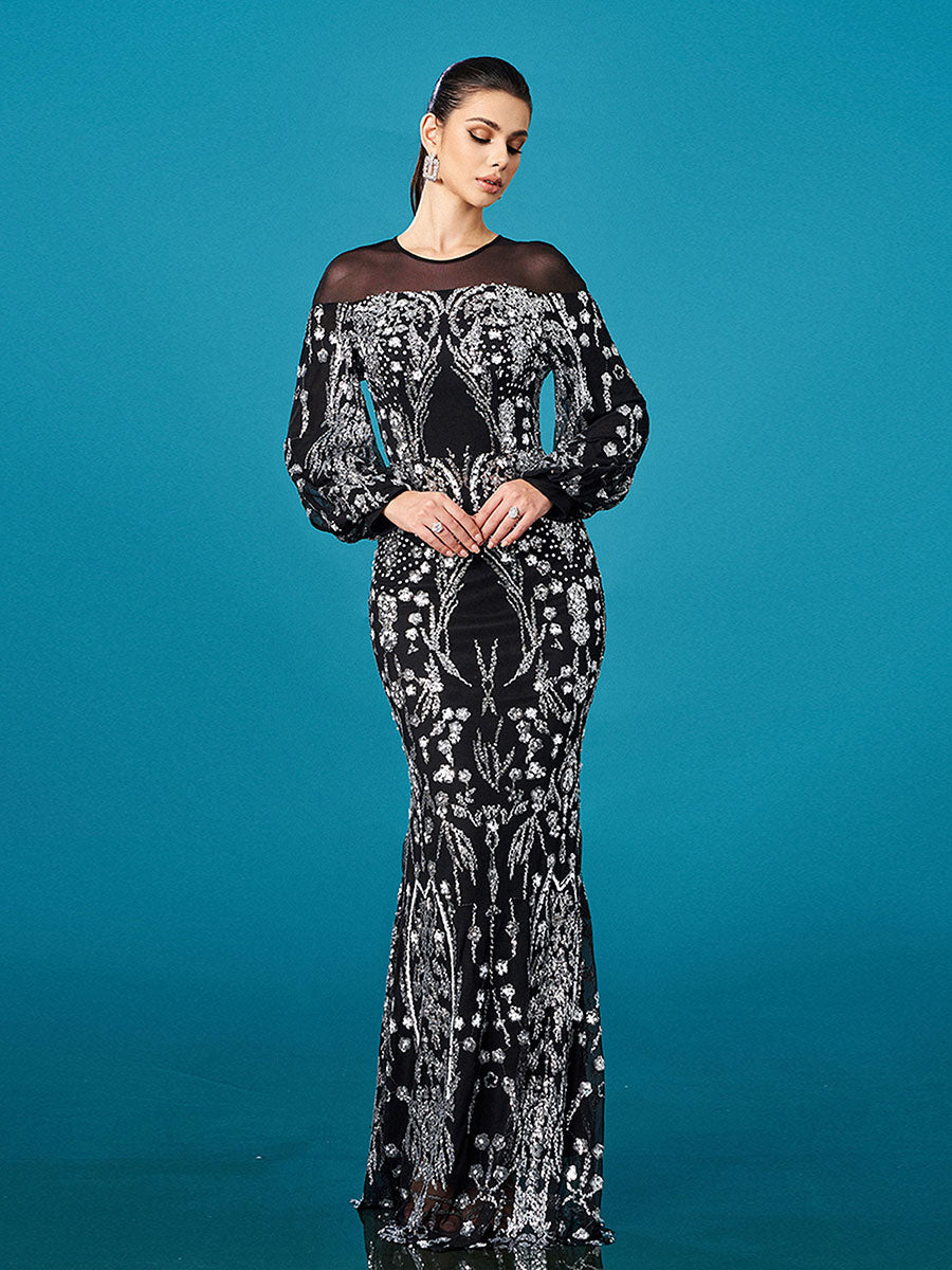 Ballon Sleeve Floral Sequin Mermaid Formal Dress