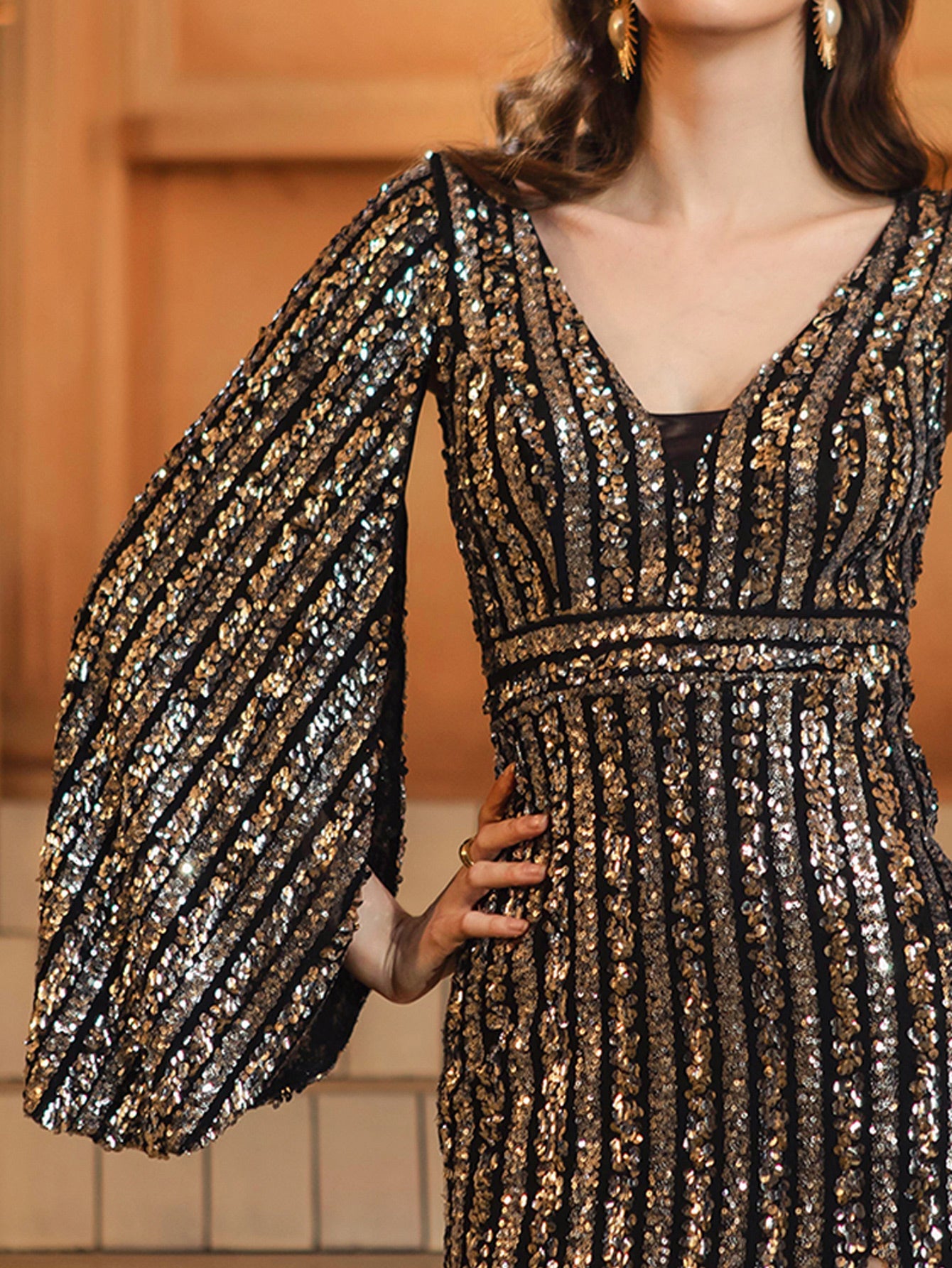 Cape Sleeve Slit V-neck Sequin Prom Dress