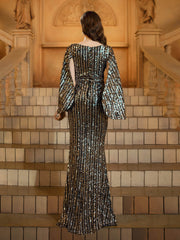 Cape Sleeve Slit V-neck Sequin Prom Dress