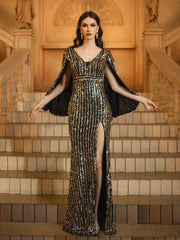 Cape Sleeve Slit V-neck Sequin Prom Dress