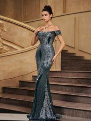 Green Sequin Off Shoulder Graphic Evening Dress