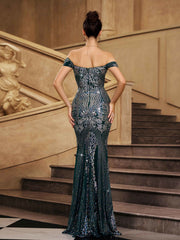 Green Sequin Off Shoulder Graphic Evening Dress