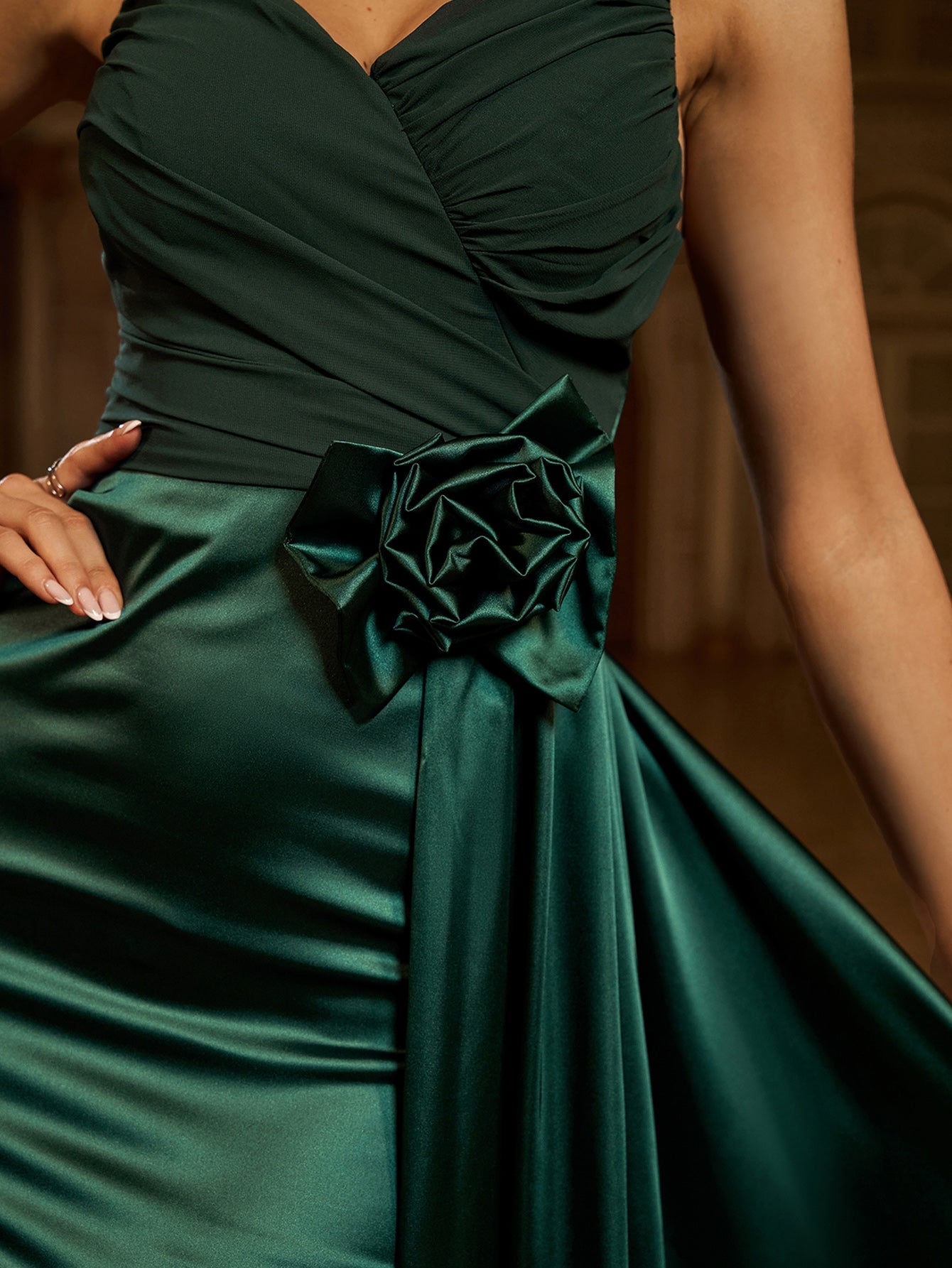 Green Floral Draped Satin Backless Prom Dress