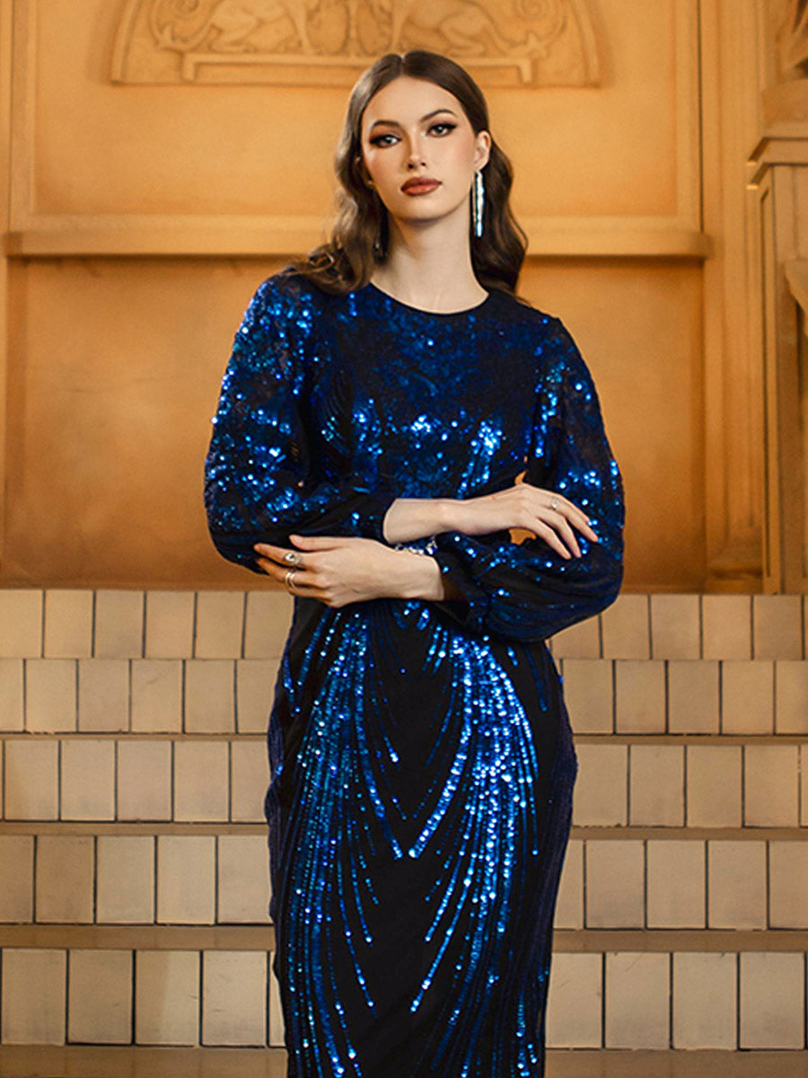 Blue Sequin Sheath Prom Dress