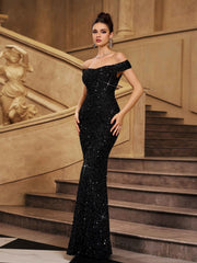 Black Off Shoulder Sequin Mermaid Cocktail Dress