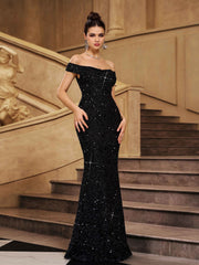 Black Off Shoulder Sequin Mermaid Cocktail Dress