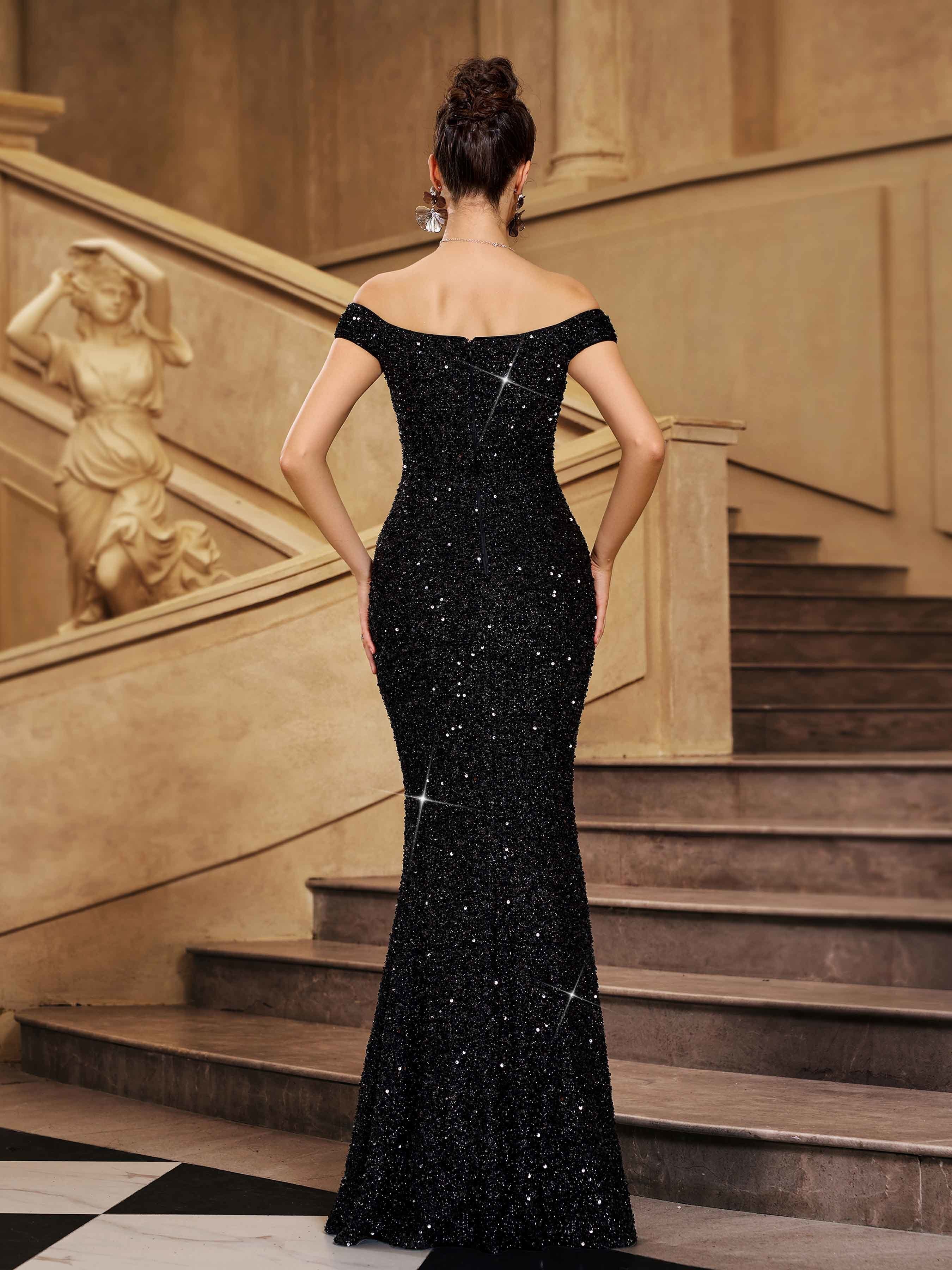 Black Off Shoulder Sequin Mermaid Cocktail Dress