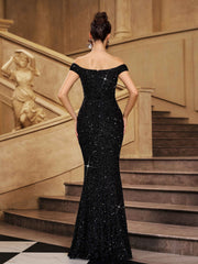 Black Off Shoulder Sequin Mermaid Cocktail Dress