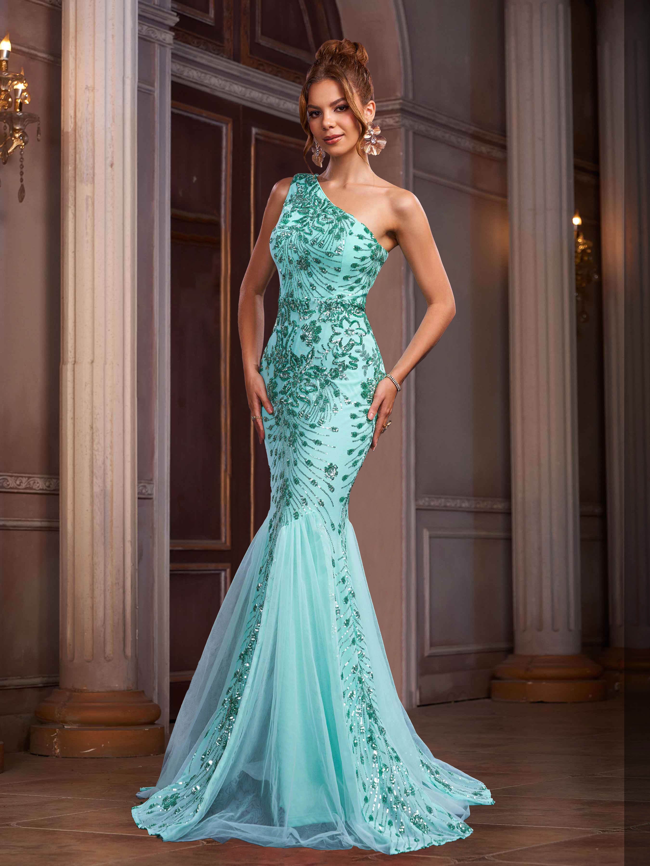 Mint Floral Sequin Mermaid Luxury Evening Dress