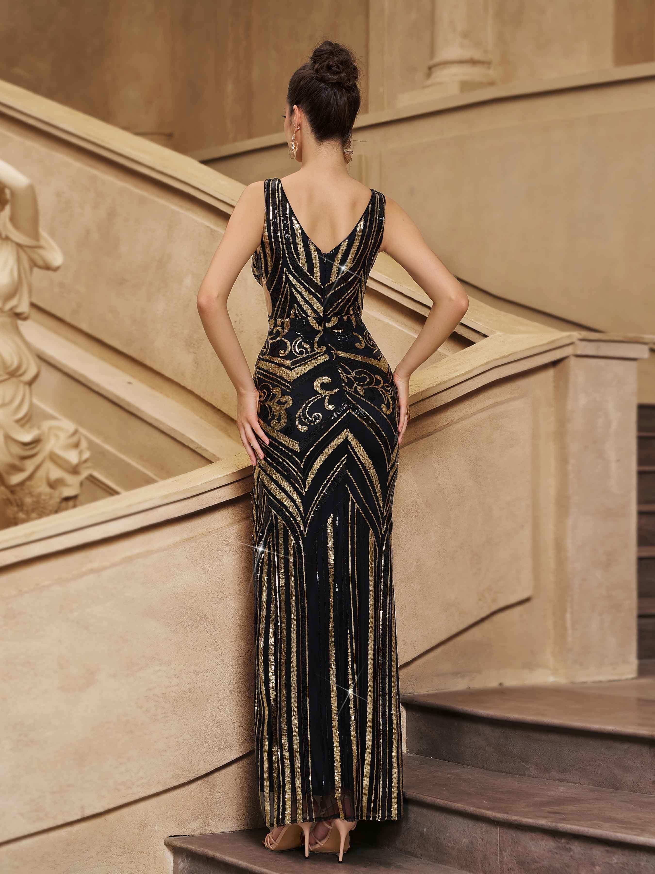 Gold Sequin Graphic Split Cocktail Dress