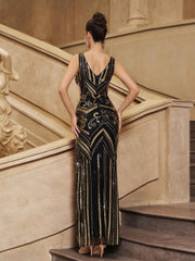 Gold Sequin Graphic Split Cocktail Dress