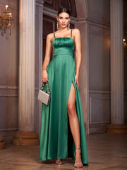 Green Satin Split Back Cross Prom Dress