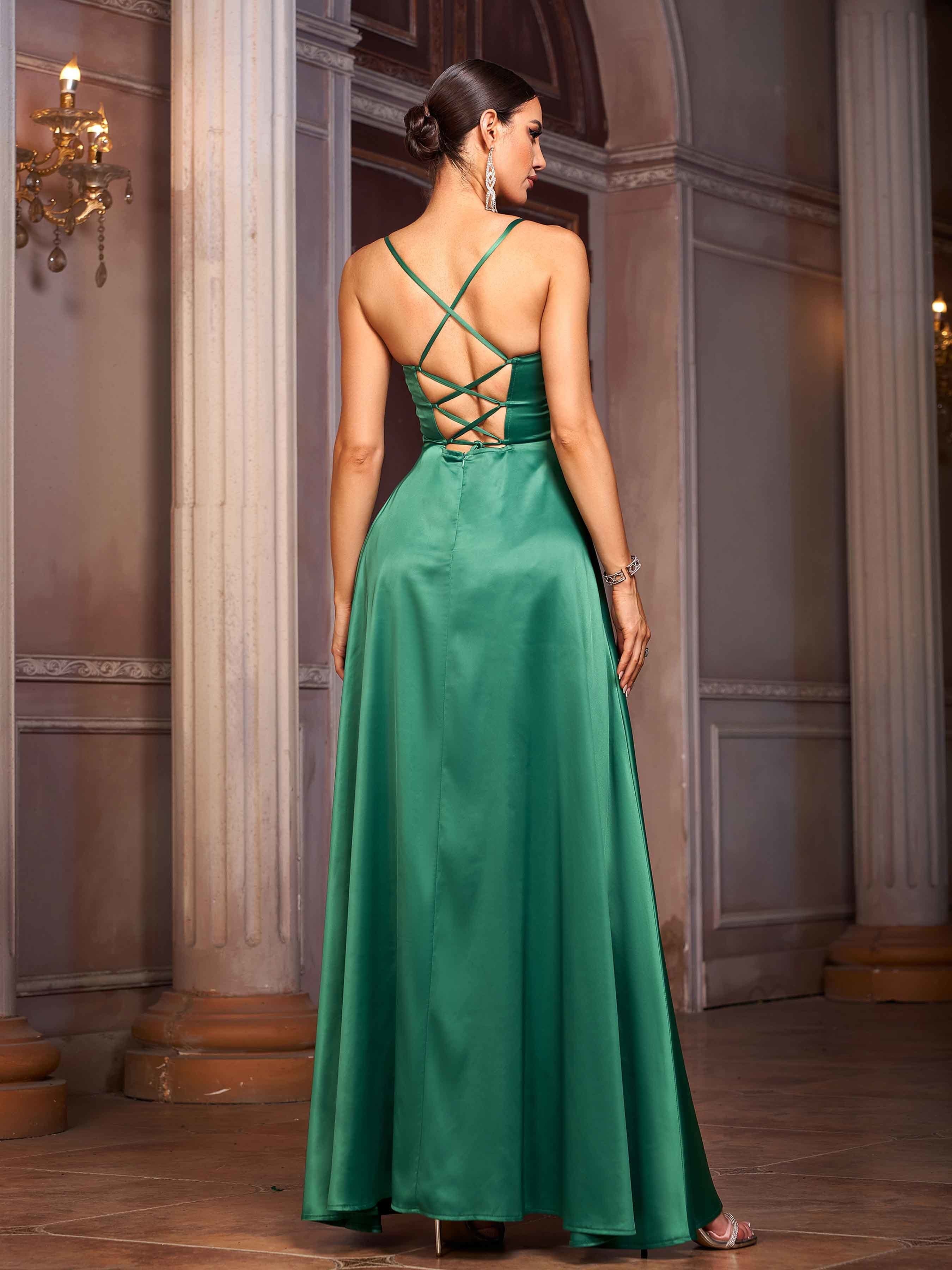 Green Satin Split Back Cross Prom Dress