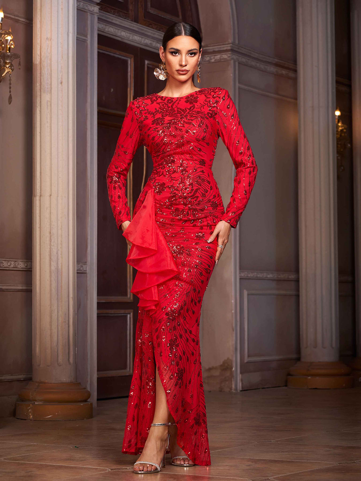 Red Floral Sequin Ruffled Asymmetric Prom Dress