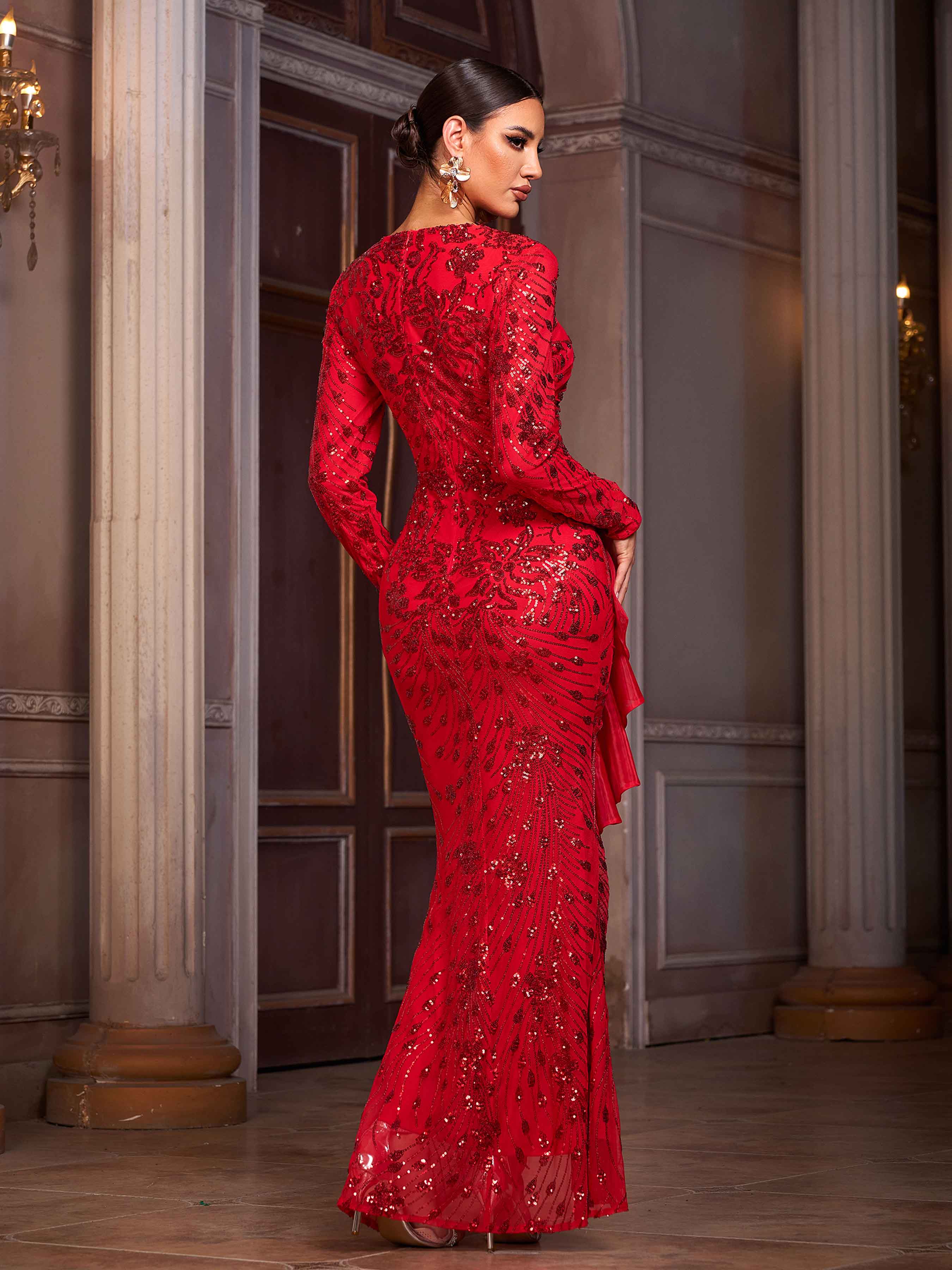 Red Floral Sequin Ruffled Asymmetric Prom Dress